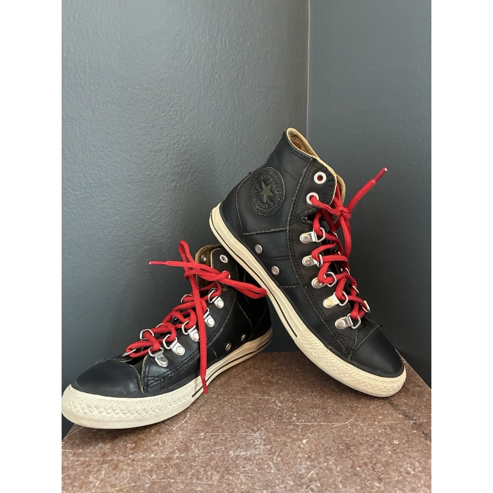 Converse Chuck Taylor All Star Junior Leather Hi Top Size 6y Black With Red Lace